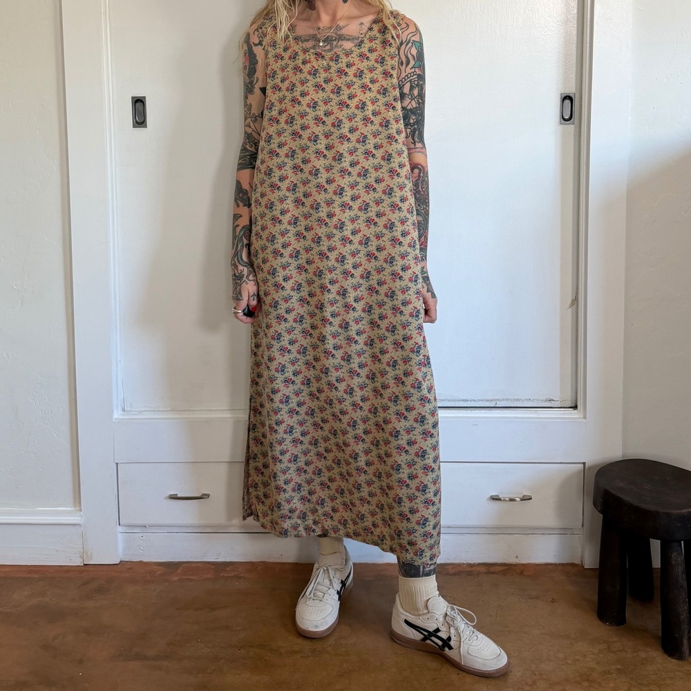 Vintage Erika London Floral Maxi Dress Tan Cotton Blend Large Sleeveless